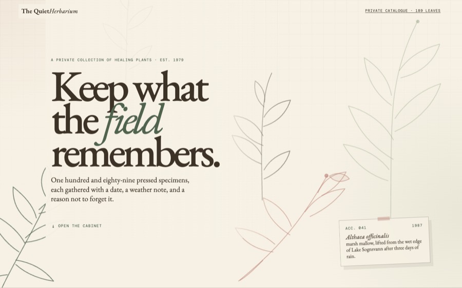 Screenshot of The Quiet Herbarium — a private collection of pressed medicinal plants