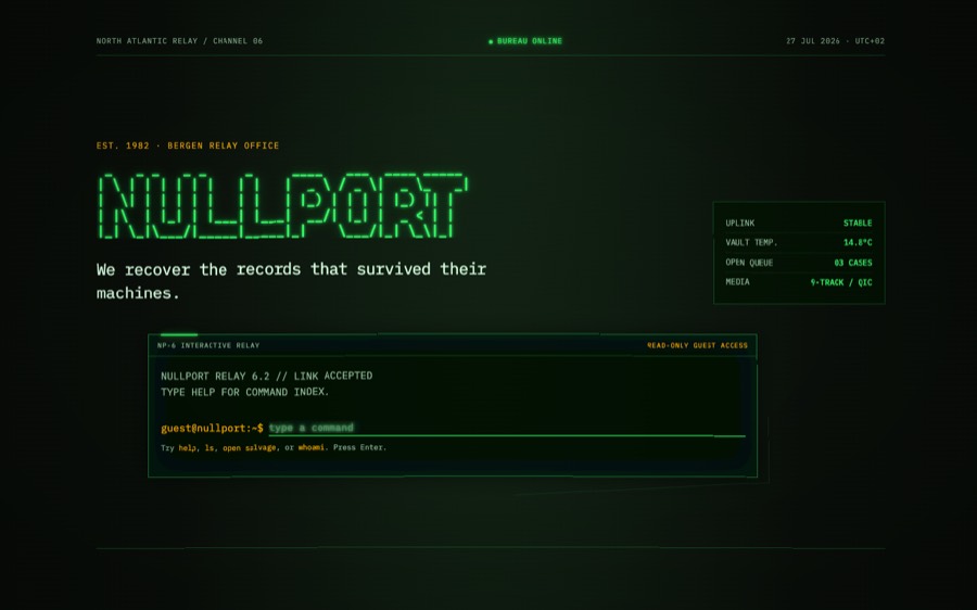 Screenshot of NULLPORT // Data Recovery Bureau